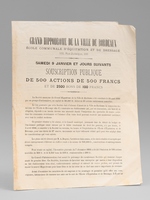 [ Prospectus publicitaire pour souscription : ] Grand Hippodrome de la Ville de Bordeaux. &Eacute;cole communale d'&eacute;quitation et de dressage, 166, rue Juda&iuml;que, 166. Samedi 9 janvier et jours suivants. Souscription publique de 500 actions de 5