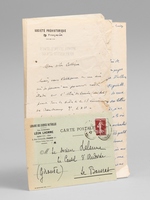 [ Lot de 3 lettres autographes sign&eacute;es dont deux adress&eacute;es au pr&eacute;historien Jean-Gaston Lalanne (1862-1924) ] 1 carte postale autographe &agrave; en-t&ecirc;te de la librairie Klincksieck adress&eacute;e au docteur Lalanne &agrave; sa