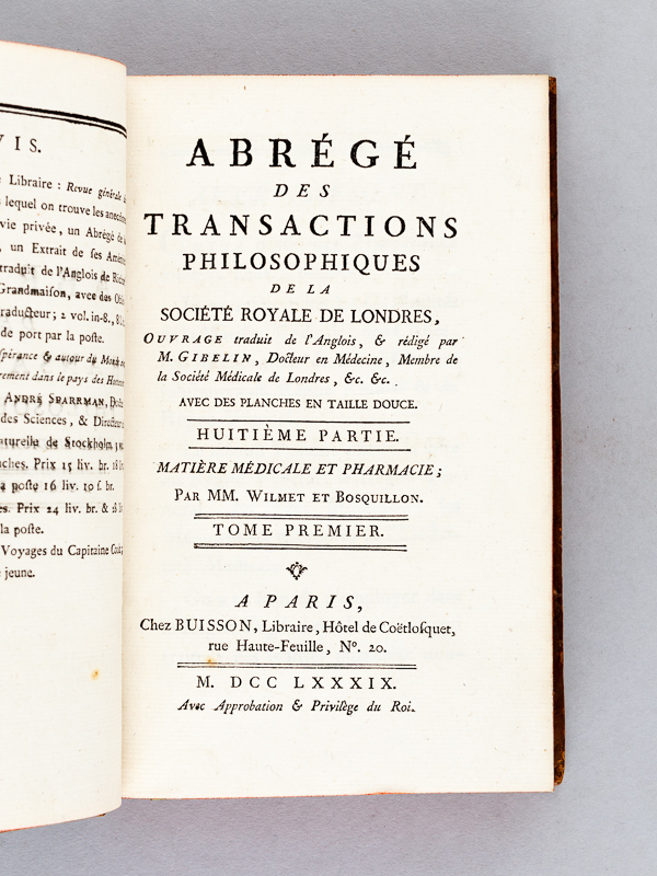 photo n°2 : Abrégé des transactions philosophiques de la Société Royale de Londres. Huitième Partie. Matière médicale et pharmacie  ; Tome I : Généralités, Classes des Médicamens, Substances