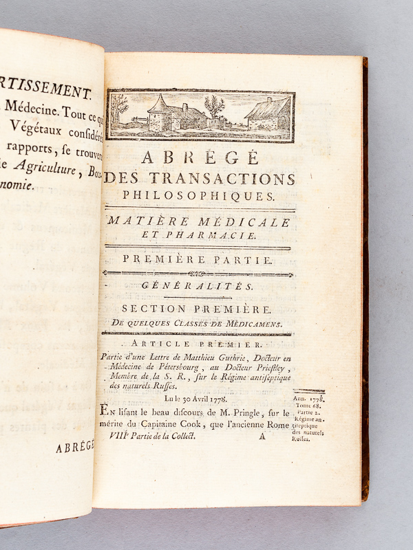 photo n°4 : Abrégé des transactions philosophiques de la Société Royale de Londres. Huitième Partie. Matière médicale et pharmacie  ; Tome I : Généralités, Classes des Médicamens, Substances