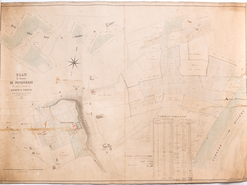 photo n°9 : Plan manuscrit colorié du Domaine de Puygueraud situé dans les communes de Baurech et Tabanac dressé d'après les documents fournis par Mme Vve Sorbé en 1861 [ Avec : ] Extrait du Plan Cadastral de la Commune de Baurech e