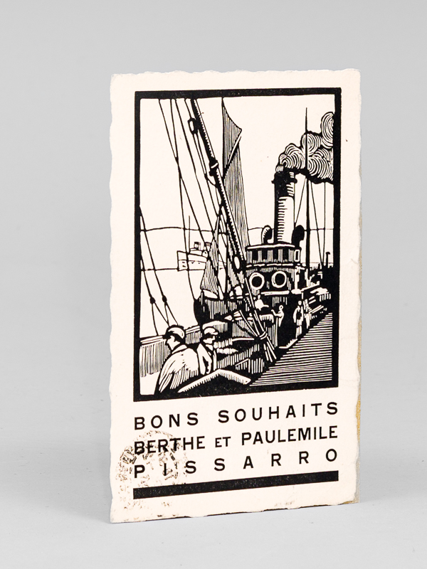 photo n°6 : Gravure sur bois avec mention imprimées 'Bons souhaits Berthe et PaulEmile Pissarro' en carte postale affranchie adressée à Monsieur et Madame Andro (des fonderies Andro)