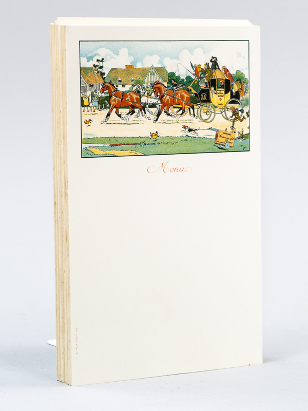 photo n°4 : Lot de 90 menus vierges ornés d'un dessin imprimé de Cecil Aldin (malle-poste à 4 chevaux, avec chien de chasse tractant une caisse de champagne de la maison 'Lanson Père et Fils', Reims)