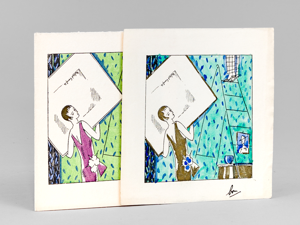 photo n°6 : Invitation au stand de la Galerie Le Nouvel Essor Editions d'Art 40 rue des Saints-Pères Paris, à l'Exposition Internationale des Arts Décoratifs [ Avec : ] Epreuve d'essai original de mise en couleurs à l'aquarelle du dessin d