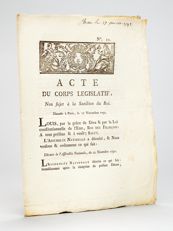 photo n°5 : Acte du Corps Législatif, non sujet à la Sanction du Roi. Donnée à Paris le 27 Novembre 1791 : 'M. Wimpfen, Marechal-de-camp, sera invité par le Directoire du département du Haut-Rhin, à se rendre dans le l