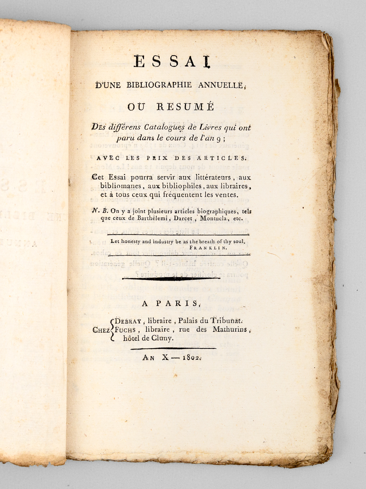 photo n°10 : Essai d'une Bibliographie Annuelle, ou Résumé des différens Catalogues de Livres qui ont paru dans le cours de l'an 9 ; avec les prix des Articles.
