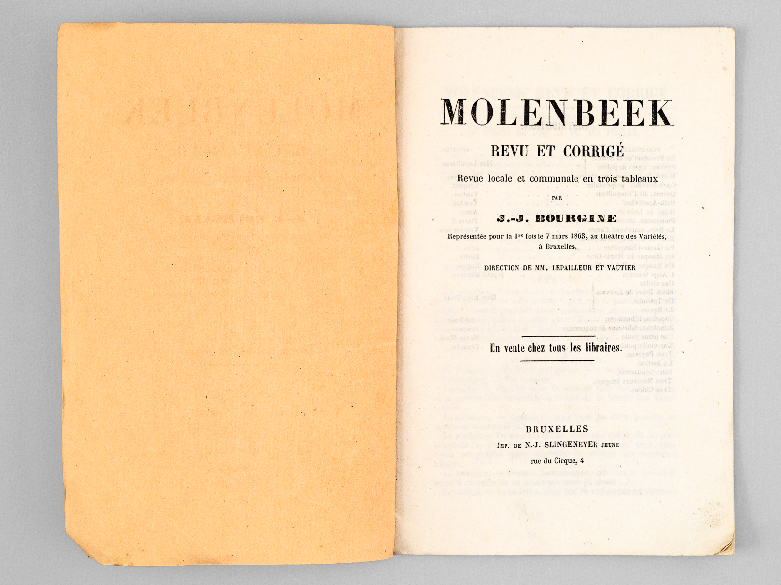 photo n°5 : Molenbeek revu et corrigé. Revue locale et communale en trois tableaux. Représentée pour le 1re fois le 7 mars 1863 au théâtre des Variétés, à Bruxelles [ Edition originale ]
