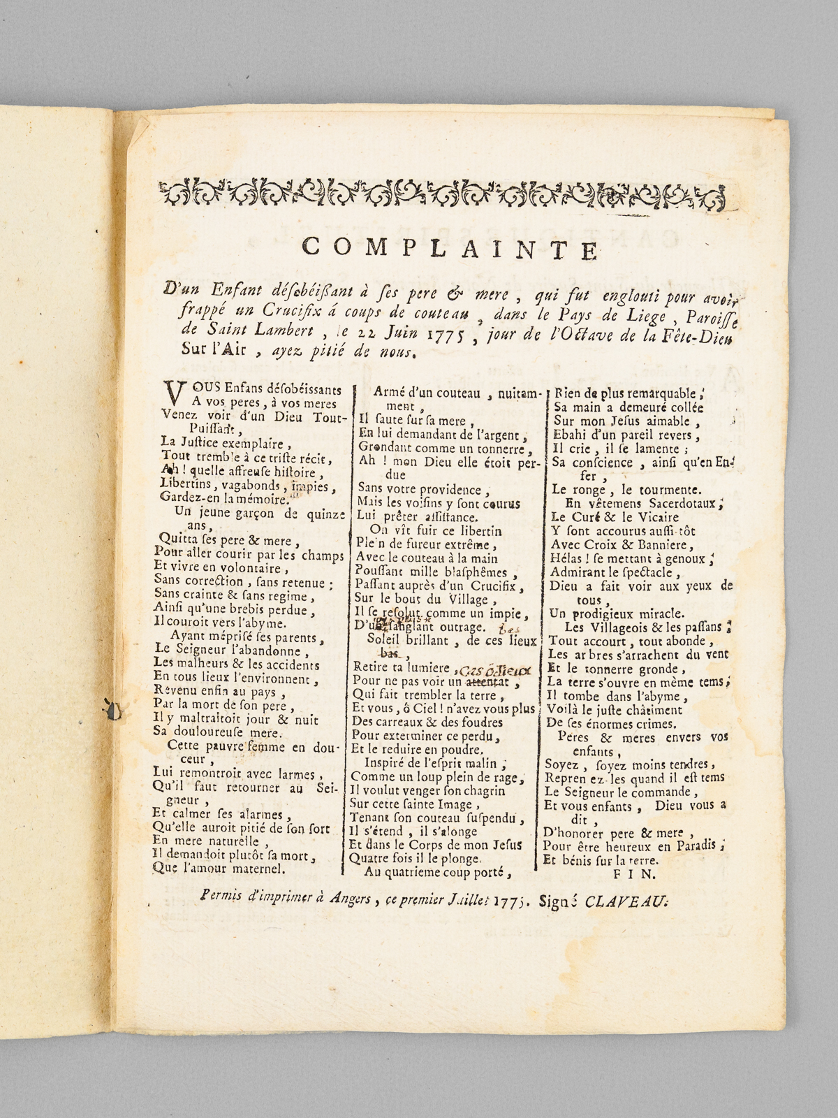 photo n°7 : Cantique Spirituel, à l'Honneur du Saint-Suaire de Notre-Seigneur, Sur l'Air : Venez offrir vos Voeux [ Suaire de Besançon ] [ Suivi de : ] Complainte d'un Enfant désobéissant à ses pères & mères, qui fut e