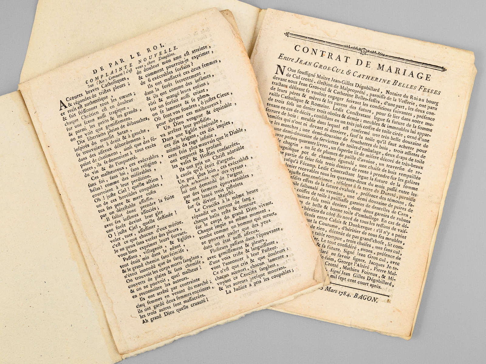 photo n°7 : [ Lot de 2 impressions angevines ] Contrat de Mariage entre Jean Gros-Cul & Catherine Belles Fesses [&] Lettre ironique d'un Amant à sa Maîtresse, pour & contre  [On joint : ] De Par le Roi. Complainte Nouvelle [&] Chanson nouvelle, sur le d&
