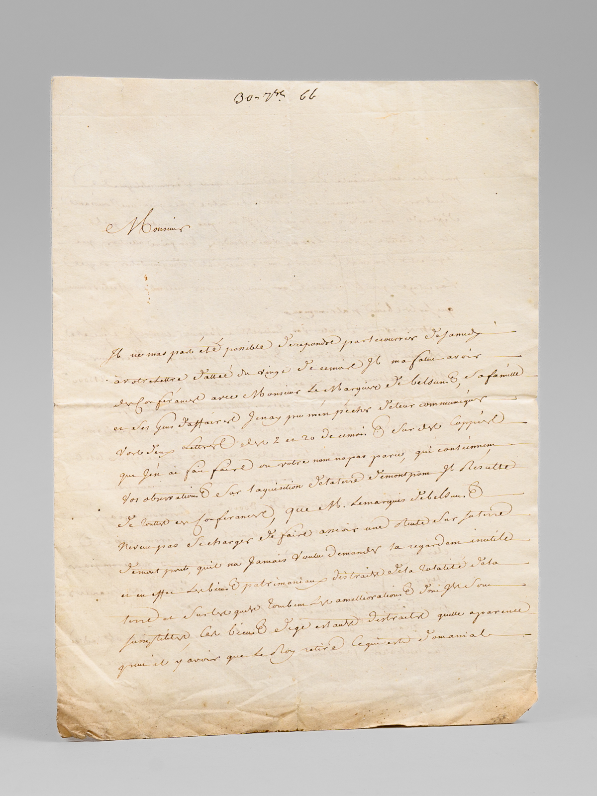 photo n&deg;8 : [ Courrier dat&eacute; du 30 septembre 1766 relatant des n&eacute;gociations d'achat de la seigneurie de Montpon (Montpon-M&eacute;nest&eacute;rol) au Marquis de Belzunce, pour 215.000 livres ] '30. 7bre 66. Monsieur, Il ne m'as pas &eacute;t&eacute; poss