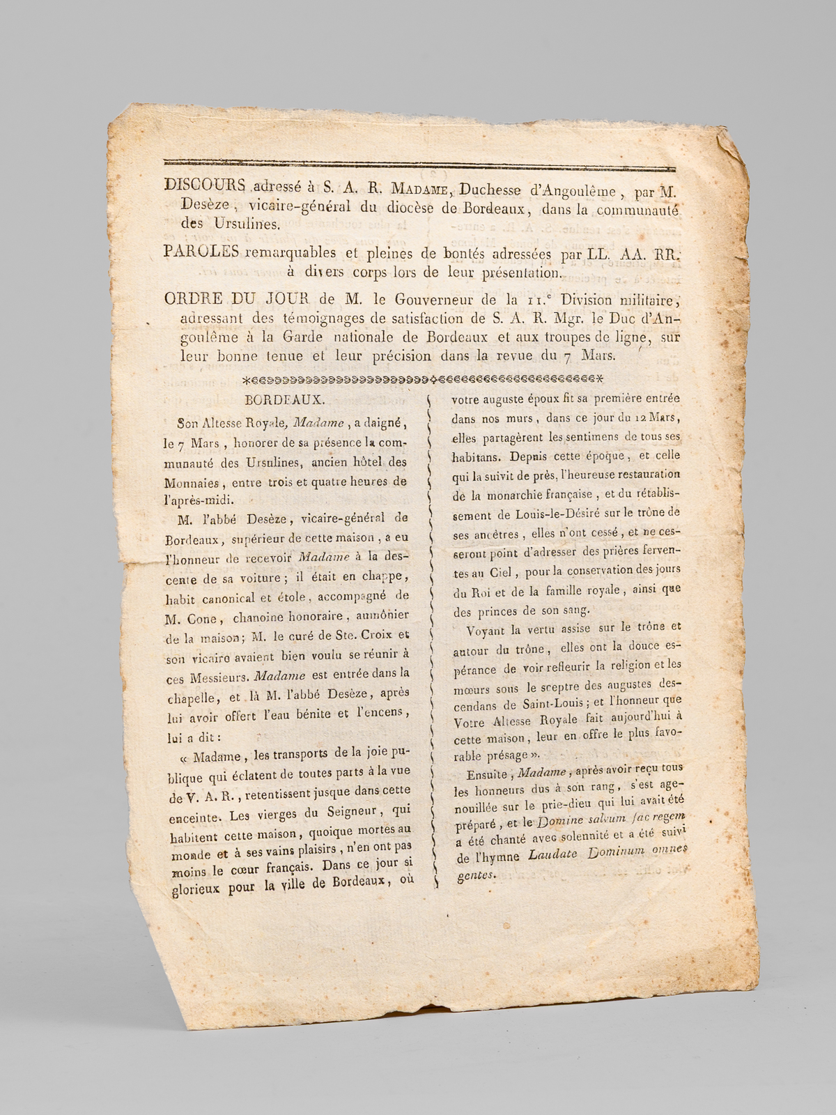 photo n&deg;4 : Discours adress&eacute; &agrave; S.A.R. Madame, Duchesse d'Angoul&ecirc;me, par M. Des&egrave;ze, vicaire-g&eacute;n&eacute;ral du dioc&egrave;se de Bordeaux, dans la communaut&eacute; des Ursulines. Paroles remarquables et pleines de bont&eacute;s adress