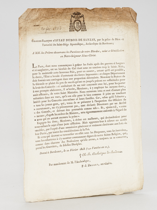 photo n°5 : Charles-François d'Aviau Dubois de Sanzay, par la grâce de Dieu et l'autorité du Saint-Siège Apostolique Archevêque de Bordeaux ; A MM. les Prêtres desservans des paroisses de notre Diocèse, salut et bé