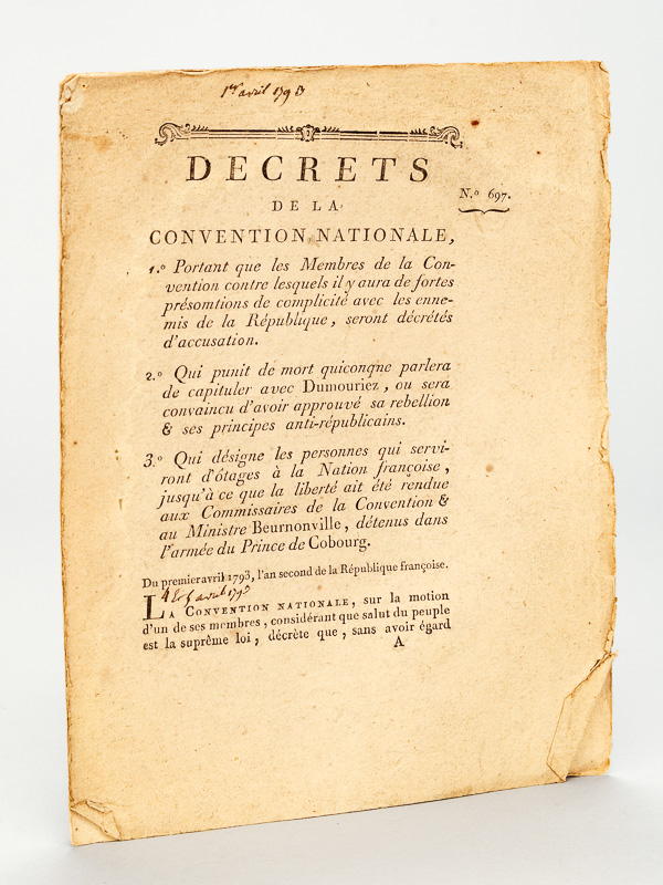 photo n°6 : Décrets de la Convention nationale, 1e Portant que les Membres de la Convention contre lesquels il y aura de fortes présomptions de complicité avec les ennemis de la république seront décrétés d'accusation
