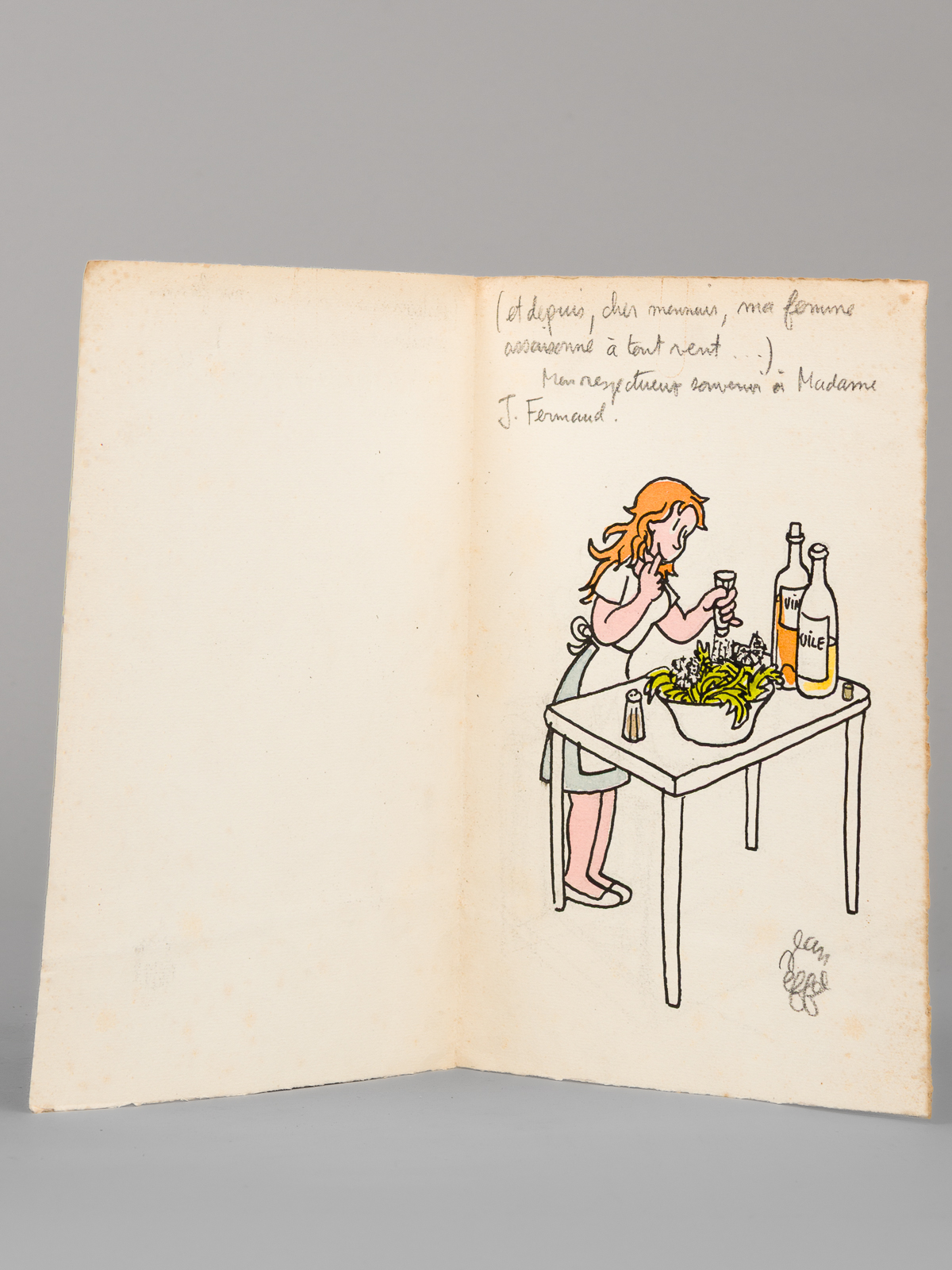 photo n°6 : Dessin original en couleurs signé par Jean Effel [ Madame Larousse assaisonnant sa salade de pissenlit... ]