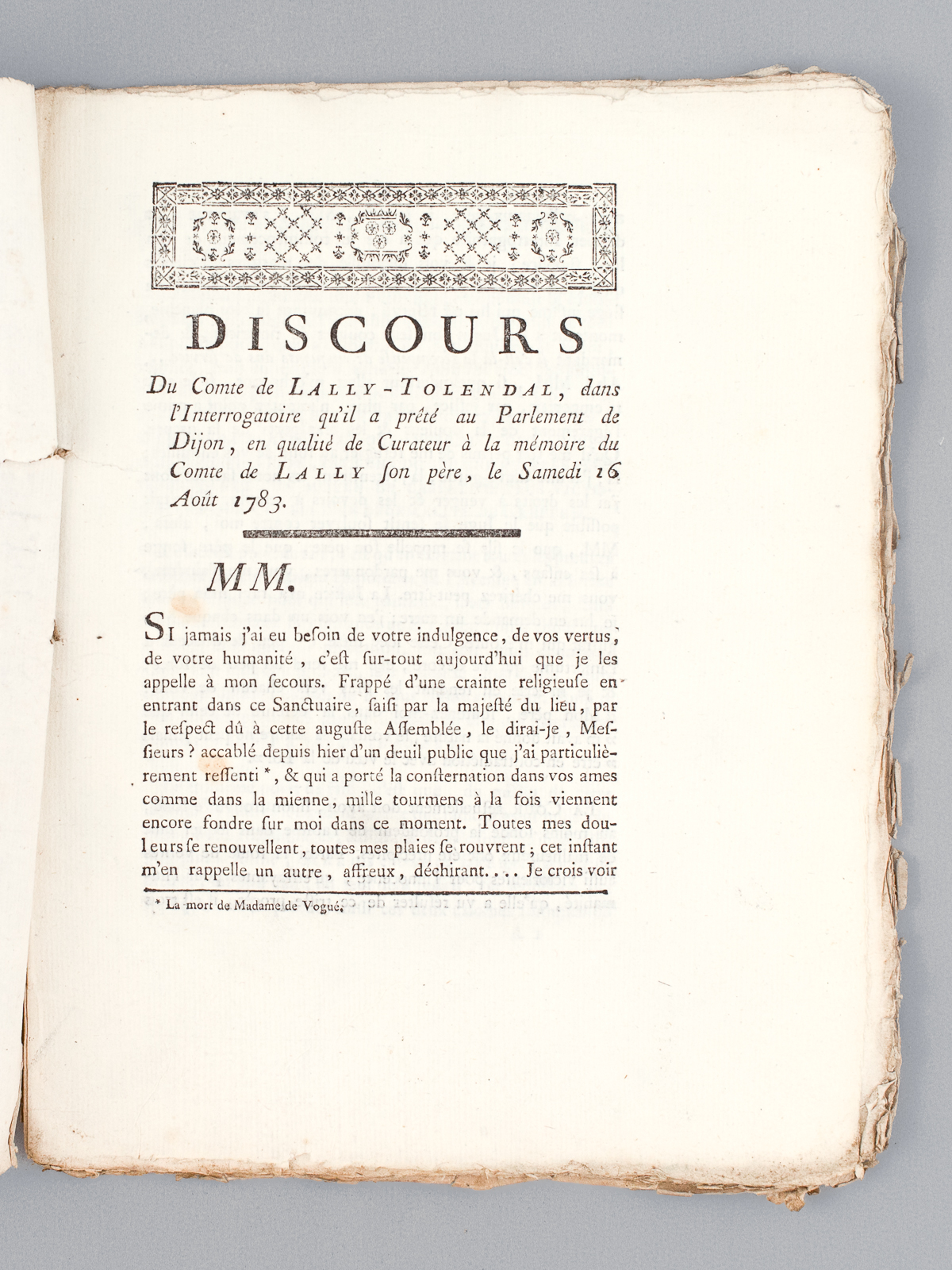 photo n°9 : Discours du Comte de Lally-Tollendal, dans l'Interrogatoire qu'il a prêté au Parlement de Dijon, en qualité de Curateur à la Mémoire du Comte de Lally son père, le Samedi 16 Août 1783