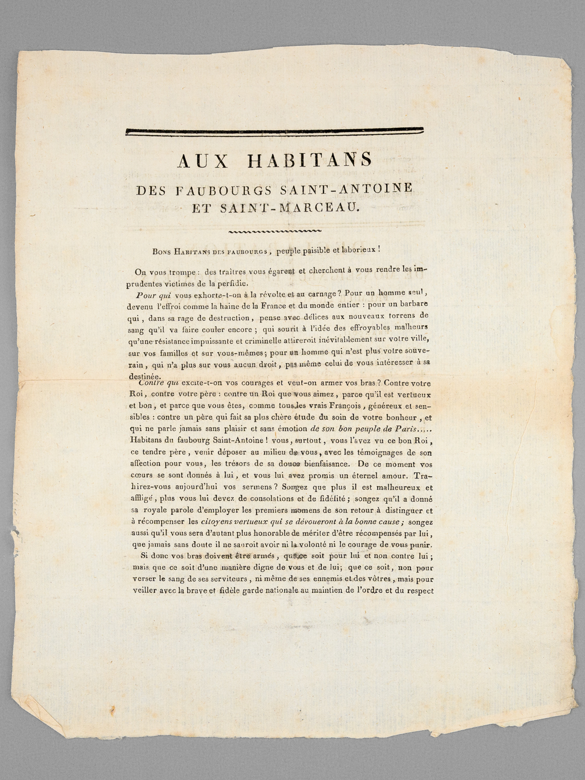 photo n°5 : Aux Habitans des Faubourgs Saint-Antoine et Saint-Marceau [ Avec : ] Déclaration de Monseigneur le Duc d'Orléans Premier Prince du Sang de France. 'Bons Habitans des Faubourgs, peuple paisible et laborieux ! On vous trompe : des traîtr
