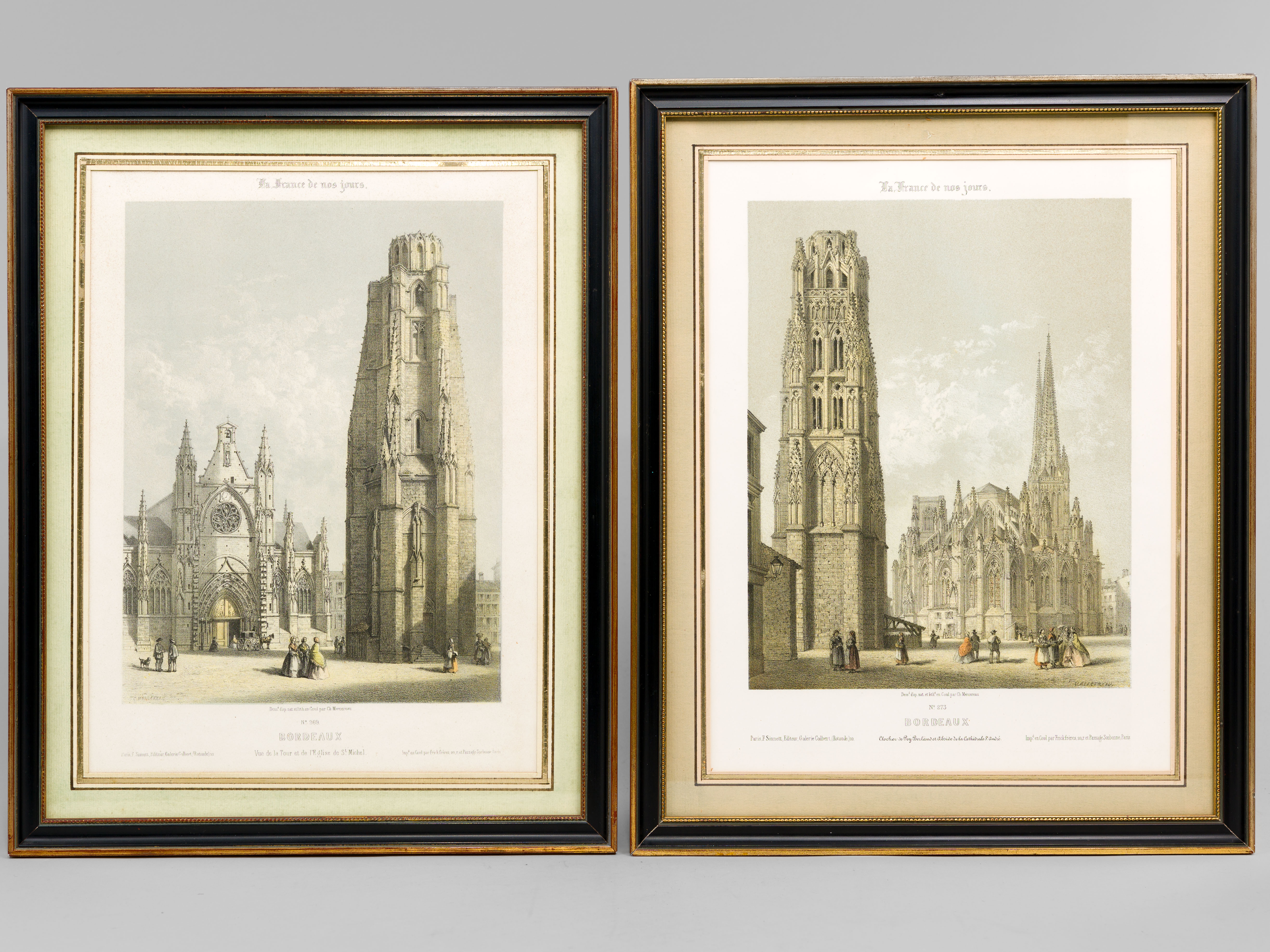photo n°5 : [ Paire de lithographies en couleurs encadrées ] Bordeaux. Vue de la Tour et de l'Eglise de St Michel [ Avec : ] Bordeaux. Clocher de Pey-Berland et Abside de la Cathédrale St André
