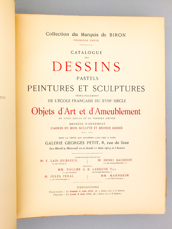 photo n°9 : Collection du Marquis de Biron, Première vente ( 9, 10 et 11 juin 1914 ) : Catalogue de dessins, pastels, peintures et scupltures, principalement de l'école française du XVIIe siècle. Objets d'Art et d'Ameublement du XVIIe si&e