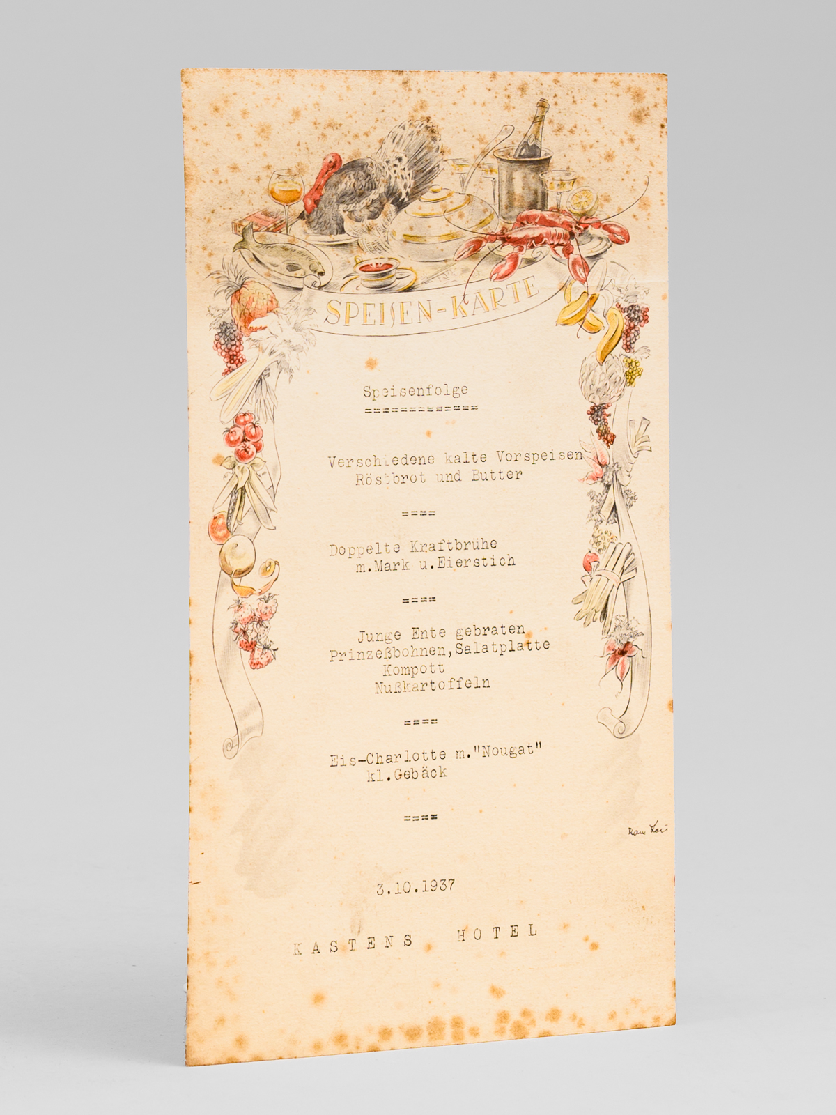 photo n&deg;9 : [ Menu de l'H&ocirc;tel Kastens, &agrave; Hanovre, avec publicit&eacute; Deutsche Lufthansa ] Speisen-Karte : Verschiedene kalte Vorspeisen. R&ouml;stbrot und Butter. Doppelte Kraftbr&uuml;he m. Mark u. Eierstich. Junge Ente gebraten. Prinzessbohnen, Sala