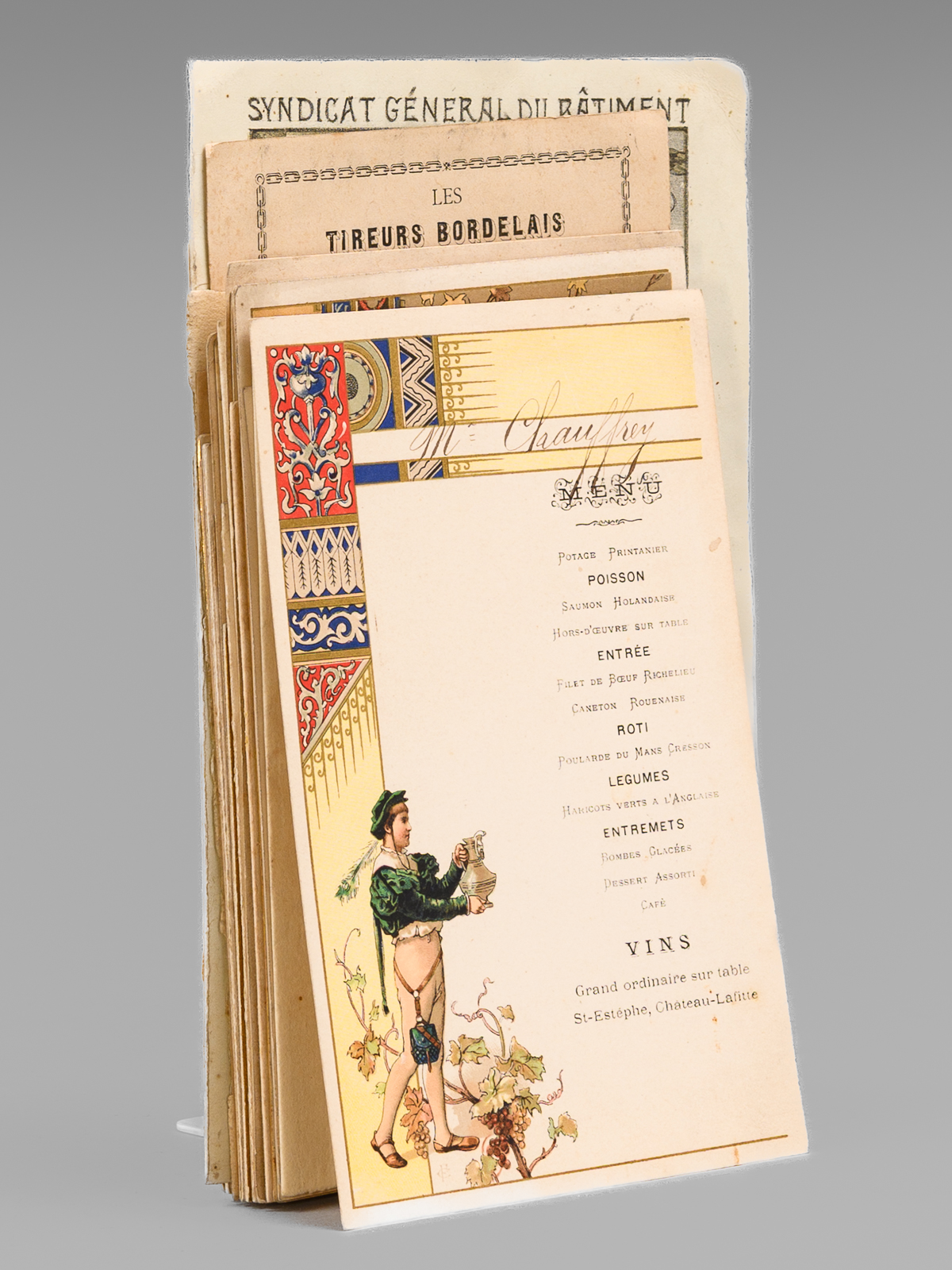 photo n&deg;16 : Lot de 30 menus anciens, dont nombreux menus &agrave; Bordeaux et r&eacute;gion bordelaise dont : D&icirc;ners offerts par ou en l'honneur d'Honor&eacute; Picon, Propri&eacute;taire &agrave; Bordeaux-Bastide, Ch&acirc;teau de Carignan (dont menu au 'Parc