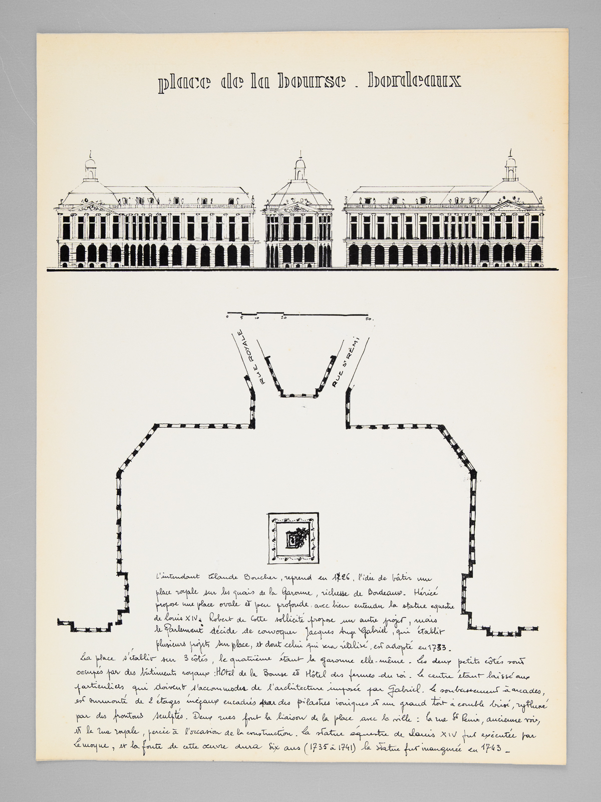 photo n°6 : Une Place Royale en Province [ Place de la Bourse à Bordeaux - Dossier manuscrit d'un élève architecte de 1ère classe de l'ERAB (Ecole Régionale d'Architecture de Bordeaux) en 1961 ]