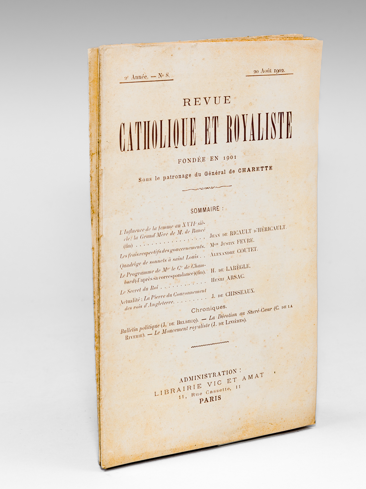 photo n°8 : Revue Catholique et Royaliste , fondée en 1901 sous le patronage du Général de Charette - Année 1905, 2e année [ lot de 4 numéros ] du n° 8 (20 août 1902) au n° 11 (20 novembre 1902)