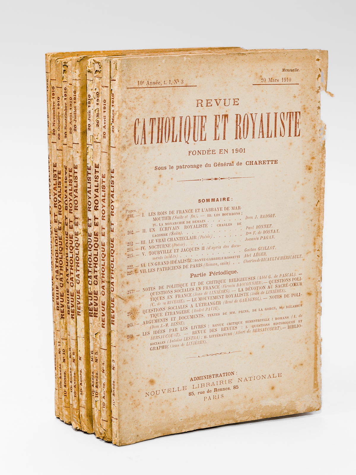 photo n°8 : Revue Catholique et Royaliste , fondée en 1901 sous le patronage du Général de Charette - Année 1910 [ lot de 10 numéros ] du t. 1 n° 3 (20 mars 1910) au t. 2 n° 6 (20 décembre 1910)