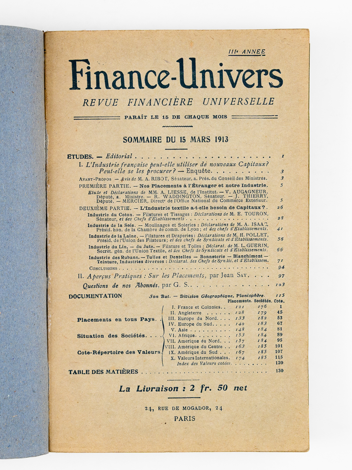photo n°11 : Finance-Univers,  Revue Financière Universelle [ ex 'Revue Financière Universelle', numéro du 15 mars 1913, i.e. numéro 26 ]