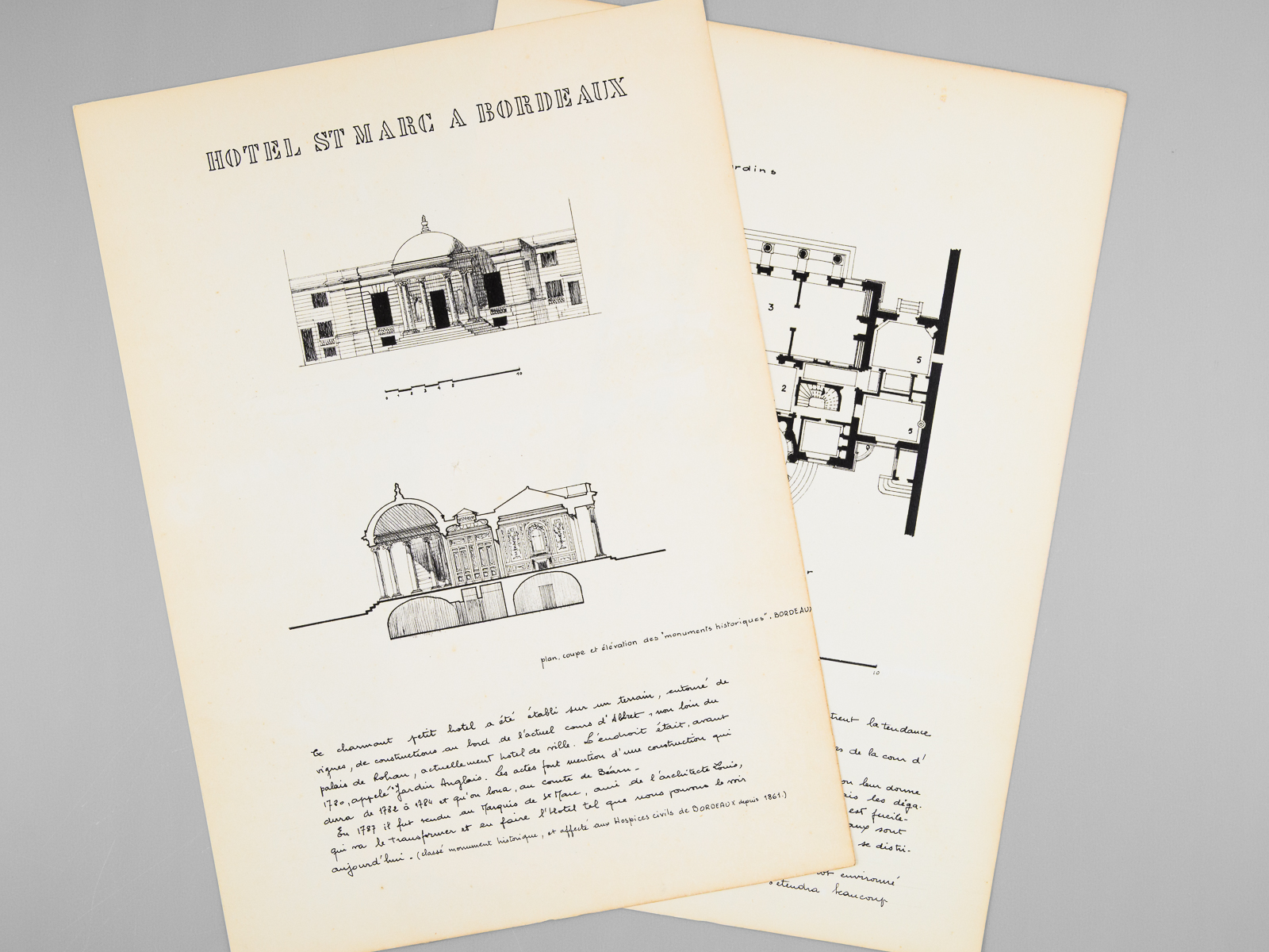 photo n°7 : Un Château du XVIIIe [ Hôtel St Marc à Bordeaux - Dossier manuscrit d'un élève architecte de 1ère classe de l'ERAB (Ecole Régionale d'Architecture de Bordeaux) en 1961 ]