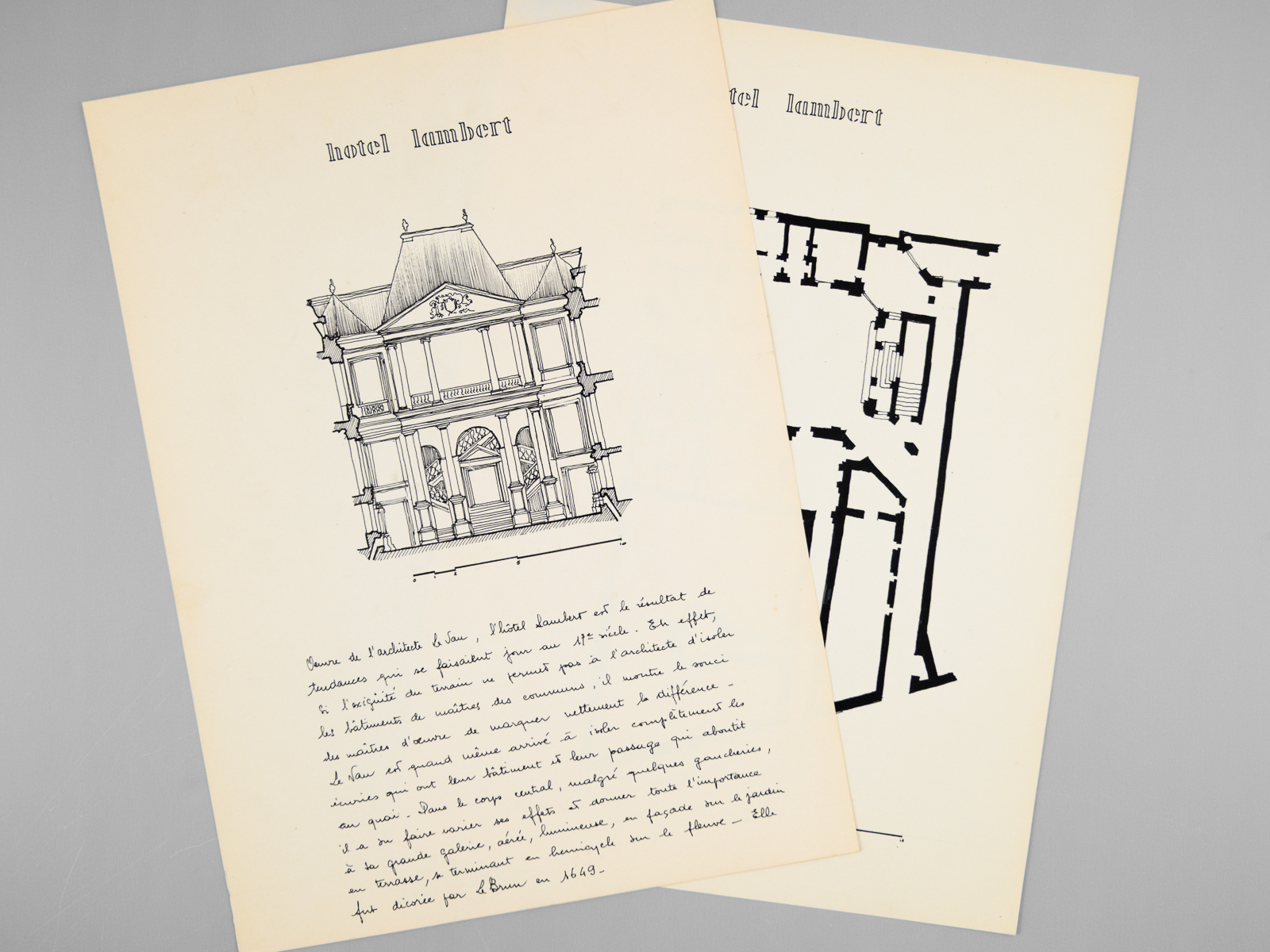photo n°6 : Un Hôtel du XVIIe [ Hôtel Lambert par Louis Le Vau sur l'Ile Saint-Louis à Paris - Dossier manuscrit d'un élève architecte de 1ère classe de l'ERAB (Ecole Régionale d'Architecture de Bordeaux) en 1961 ]