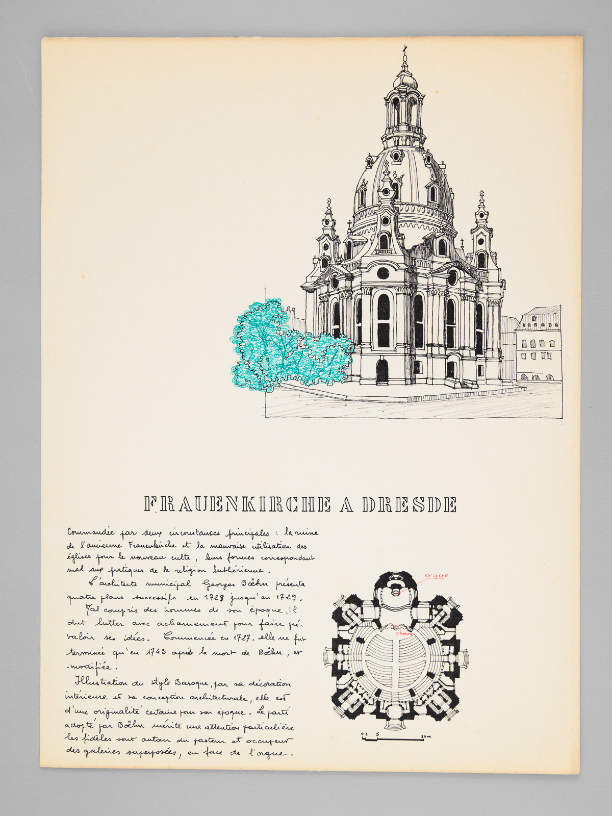 photo n°6 : Une Eglise baroque [ Frauenkirche à Dresde - Dossier manuscrit d'un élève architecte de 2e classe de l'ERAB (Ecole Régionale d'Architecture de Bordeaux) en 1962 ]