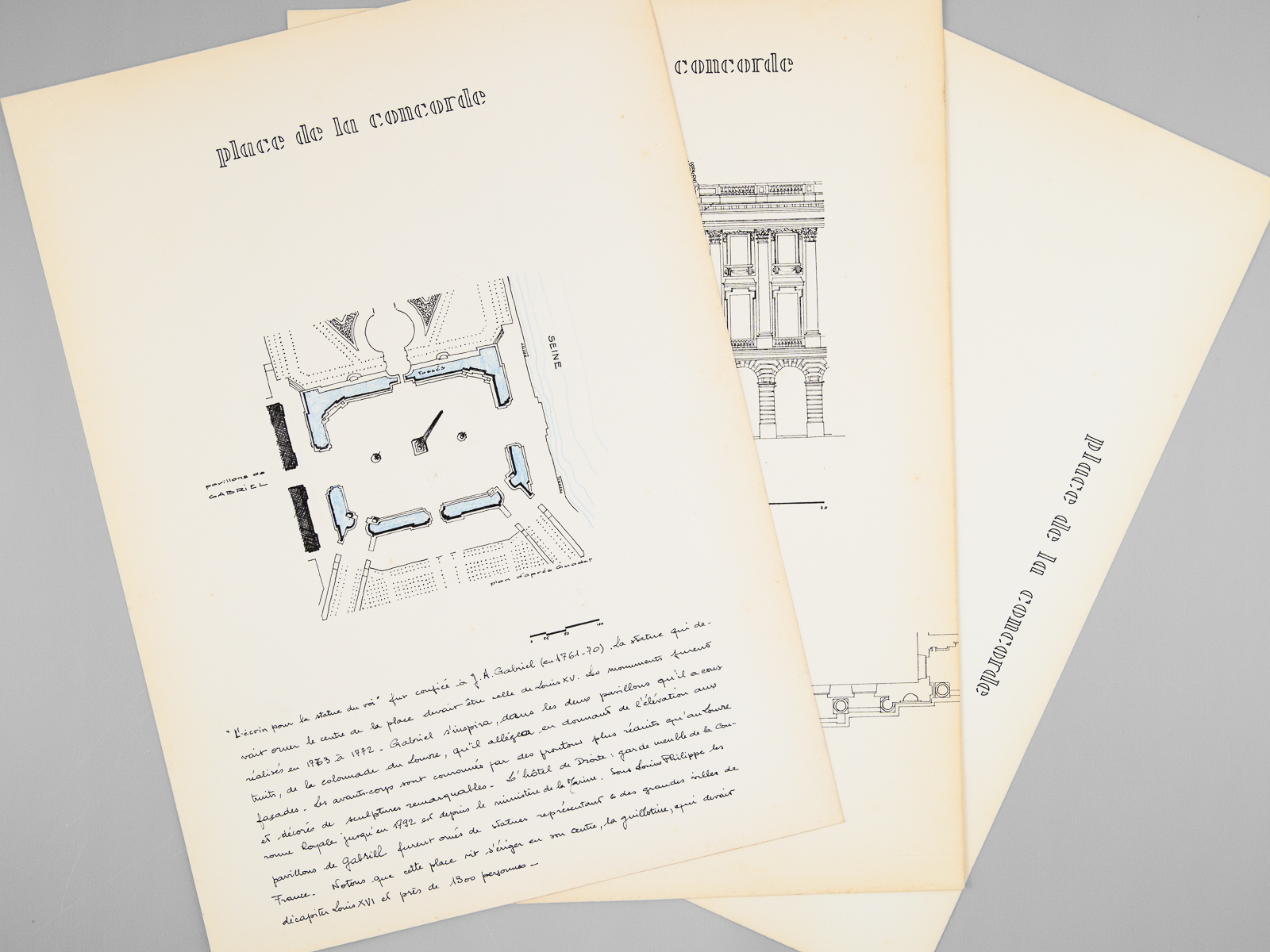 photo n°8 : Une Place Royale à Paris [ Place de la Concorde - Dossier manuscrit d'un élève architecte de 1ère classe de l'ERAB (Ecole Régionale d'Architecture de Bordeaux) en 1961 ]