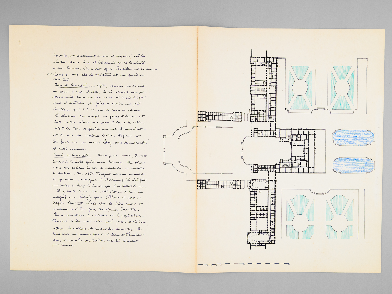 photo n°6 : Une Résidence Royale [ Château de Versailles - Dossier manuscrit d'un élève architecte de 2e classe de l'ERAB (Ecole Régionale d'Architecture de Bordeaux) en 1962 ]