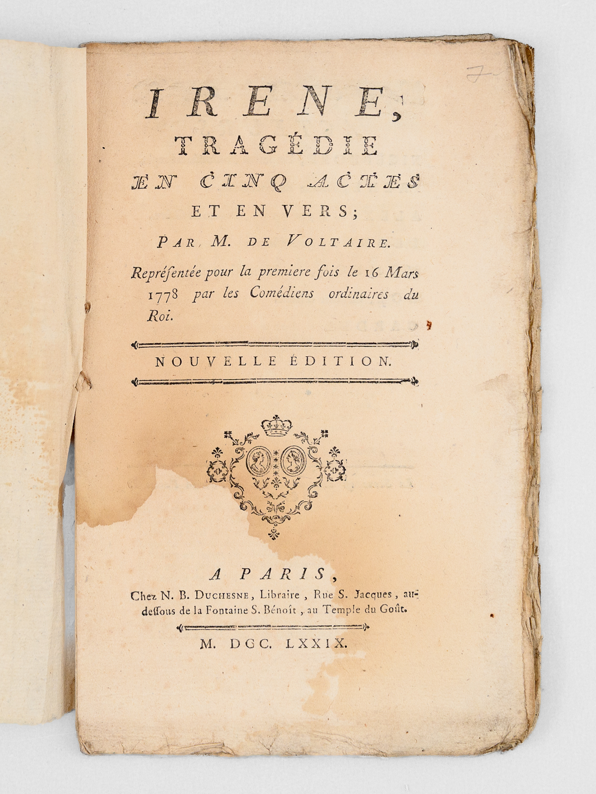 photo n&deg;9 : Ir&egrave;ne, trag&eacute;die en cinq actes et en vers. Repr&eacute;sent&eacute;e pour la premi&egrave;re fois le 16 mars 1778 par les Com&eacute;diens ordinaires du Roi.