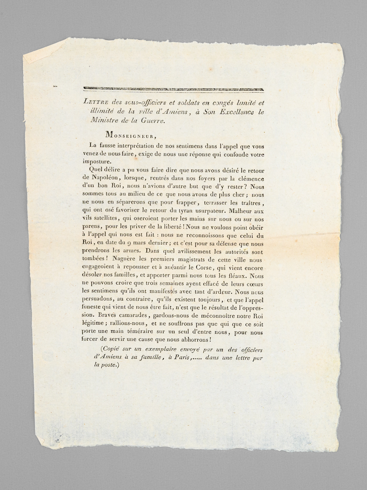 photo n°5 : Lettre des sous-officiers et soldats en congés limité et illimité de la ville d'Amiens, à son Excellence le Ministre de la Guerre. Monseigneur, La fausse interprétation de nos sentimens dans l'appel que vous venez de nou