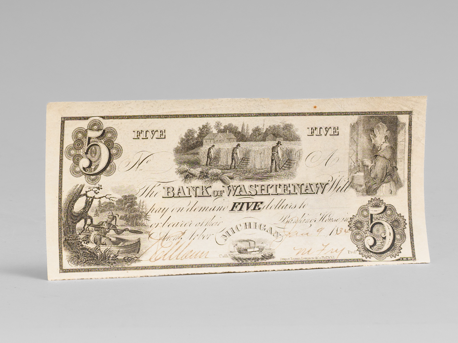 photo n&deg;7 : [ Bank of Washtenaw banknote : ] The Bank of Washtenaw Will pay on demand Five dollars to ...or bearer at their Banking House in Ann Arbor. Michigan [ Manuscript : Jan 9 1834 or 1836 Signed ] Draper, Toppan, Longacre & Co. Philad. & N.Y.