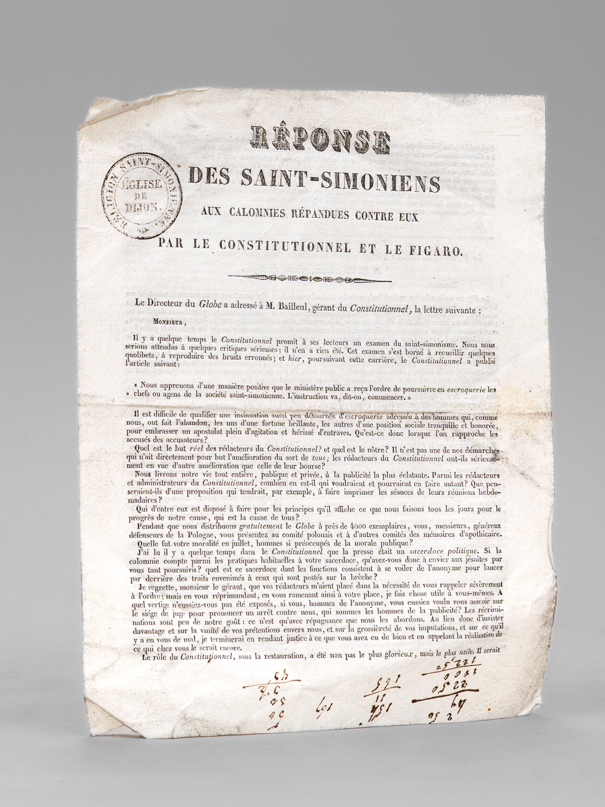 photo n°6 : Réponse des Saint-Simoniens aux Calomnies répandues contre eux par Le Constitutionnel et Le Figaro. [ Edition originale ]