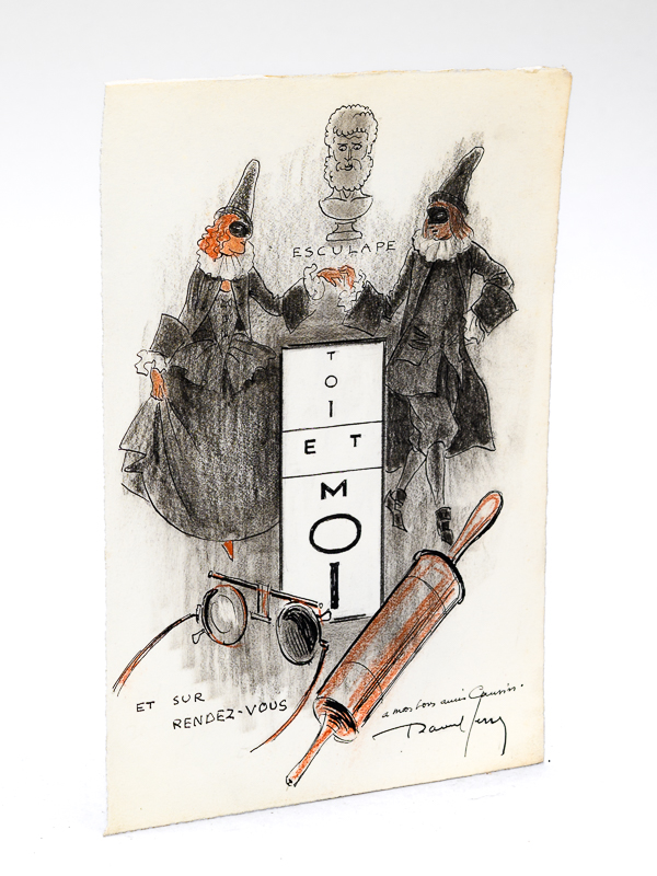 photo n°5 : Dessin original signé : 'Toi et Moi' et sur rendez-vous [ Couple de carnaval déguisés en médecins, dansant sous le buste d'Esculape, avec besicles et clystère, avec un envoi de l'artiste ]