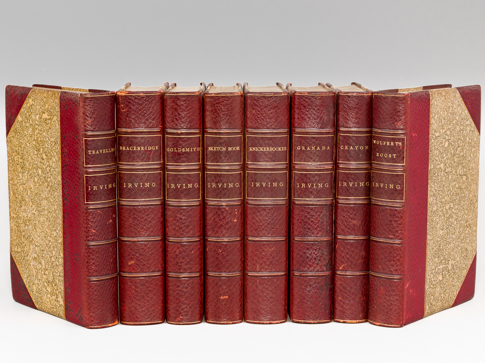 photo n°15 : [ 8 Volumes set : ] Crayon Miscellany ; Wolfert's Roost and other Papers ; Chronicle of the Conquest of Granada ; Knlckerbocker's New York ; The Sketch Book ; Tales of a Traveler ; Bracebridge Hall ; Oliver Goldsmith. A biography