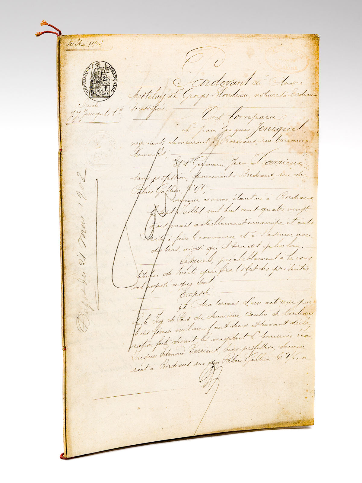 photo n°6 : Acte notarié (expédition) de dépôt des statuts de la Société J.J Jencquel & Cie, le 21 mai 1902. Société en nom collectif établie entre Jean Jacques Jencquel, négociant demeurant à