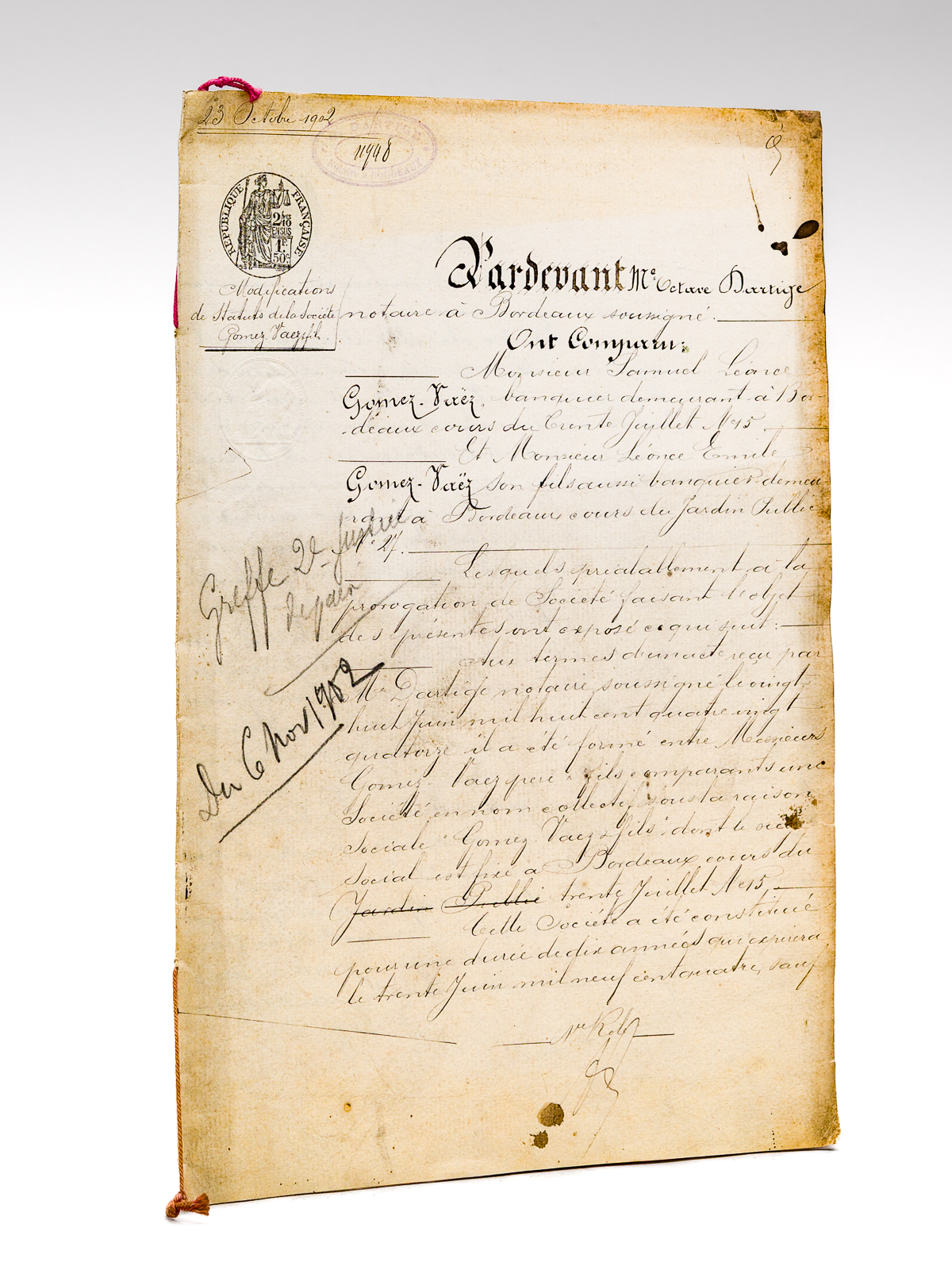 photo n°6 : Acte notarié (expédition) de modifications de Statuts de la Société Gomez Vaëz & fils daté du 23 octobre 1902. Entre Samuel Léonce Gomez-Vaëz, banquier demeurant à Bordeaux, cours du Trente Juille