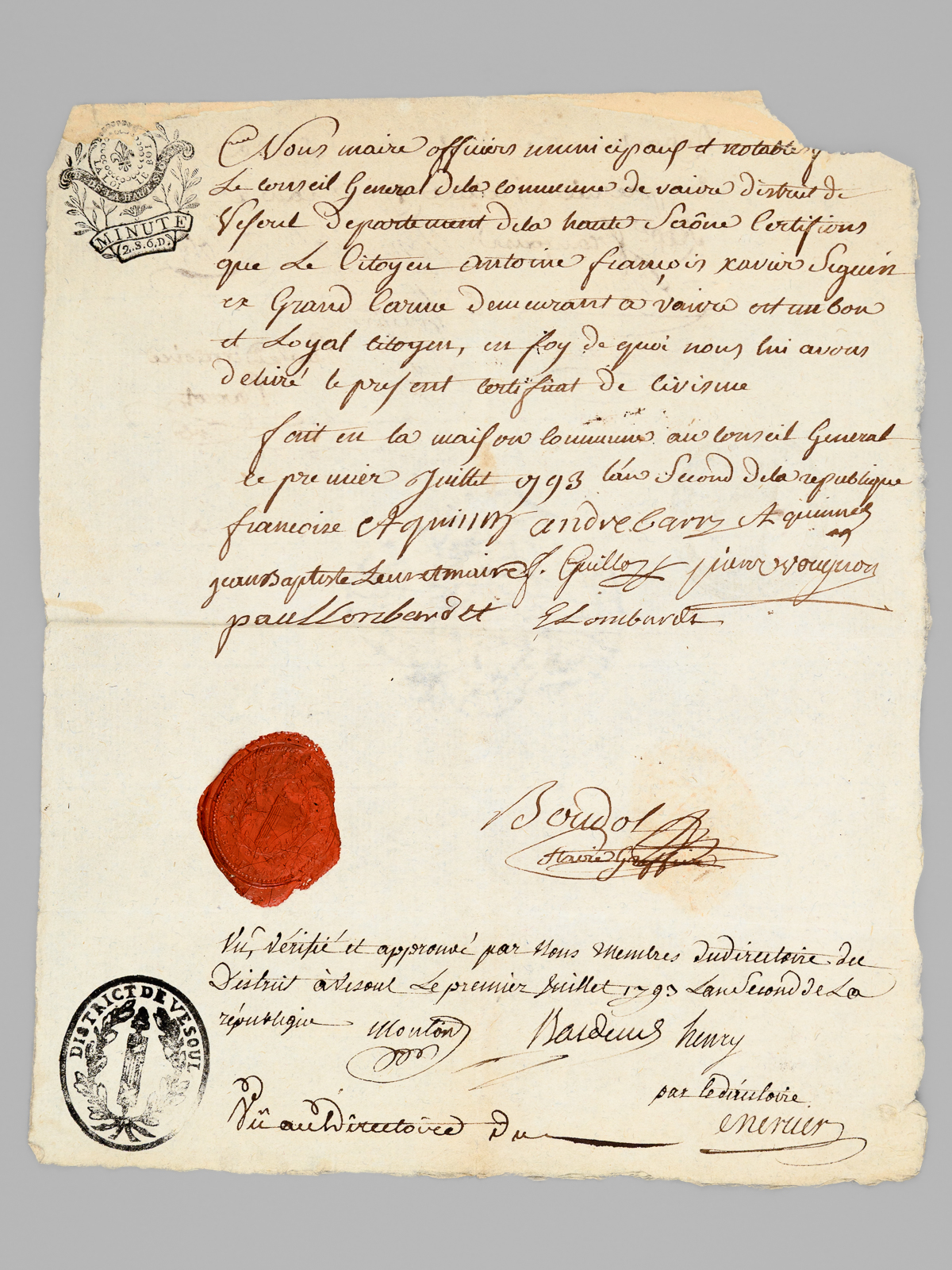 photo n&deg;8 : [ Certificat de civisme pour la commune de Vaivre, District de Vesoul, Haute-Sa&ocirc;ne, dat&eacute; du premier juillet 1793 : ] 'Nous maire officiers municipaux et notables [ ... ] le conseil G&eacute;n&eacute;ral de la commune de Vaivre district de Ves