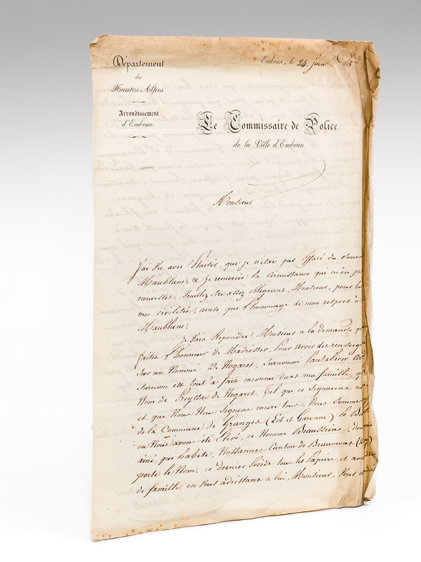 photo n°6 : Courrier privé adressé par M. Preyssac de Nogaret, Commissaire de Police de la ville d'Embrun, à M. Dubreuil à propos d'un De Nogaret surnommé Pantalion Armand, et daté du 24 juin 1838. Il ne le connaît pas
