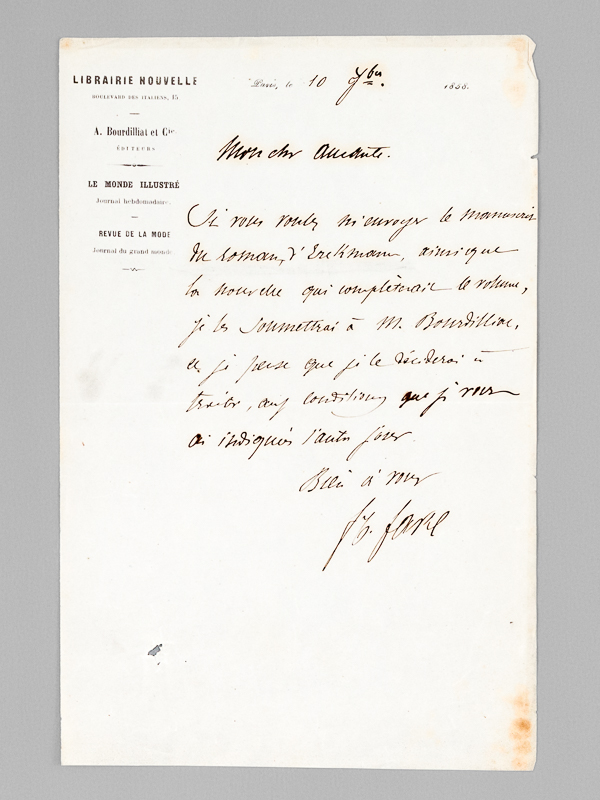 photo n°5 : [ Lettre autographe signée adressée à Emile Aucante, à propos d'un manuscrit de roman d'Erckmann-Chatrian ] 1 L.A.S. à en-tête de la Librairie Nouvelle, A. Bourdilliat et Cie, datée de 1858 : 'Mon Cher Aucan