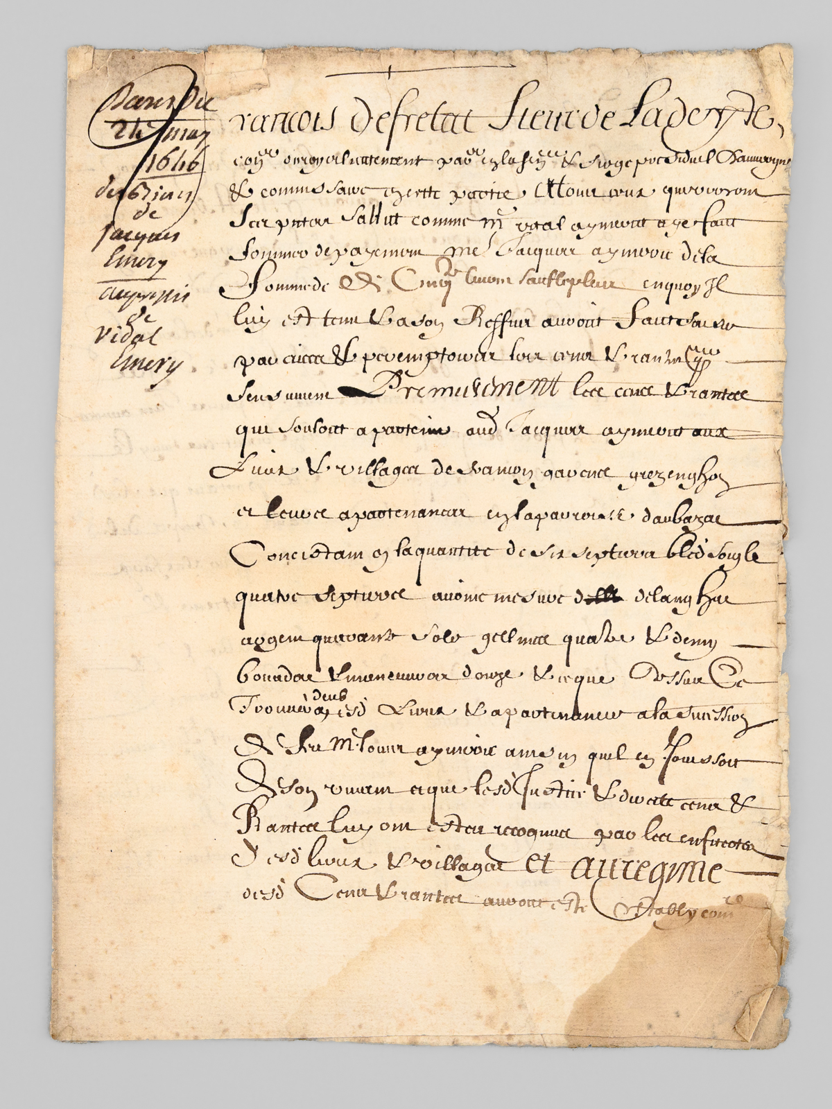 photo n&deg;8 : [ Manuscrit - Acte d'adjudication dat&eacute; de Riom le 24 mai 1646, sign&eacute; par Francois de Fretat Sieur de La Deyte : ] ' Francois de Fretat Sieur de La Deyte, con(seill)er du roy en son parlement & si&egrave;ge pr&eacute;sidial d'Auvergne et comm
