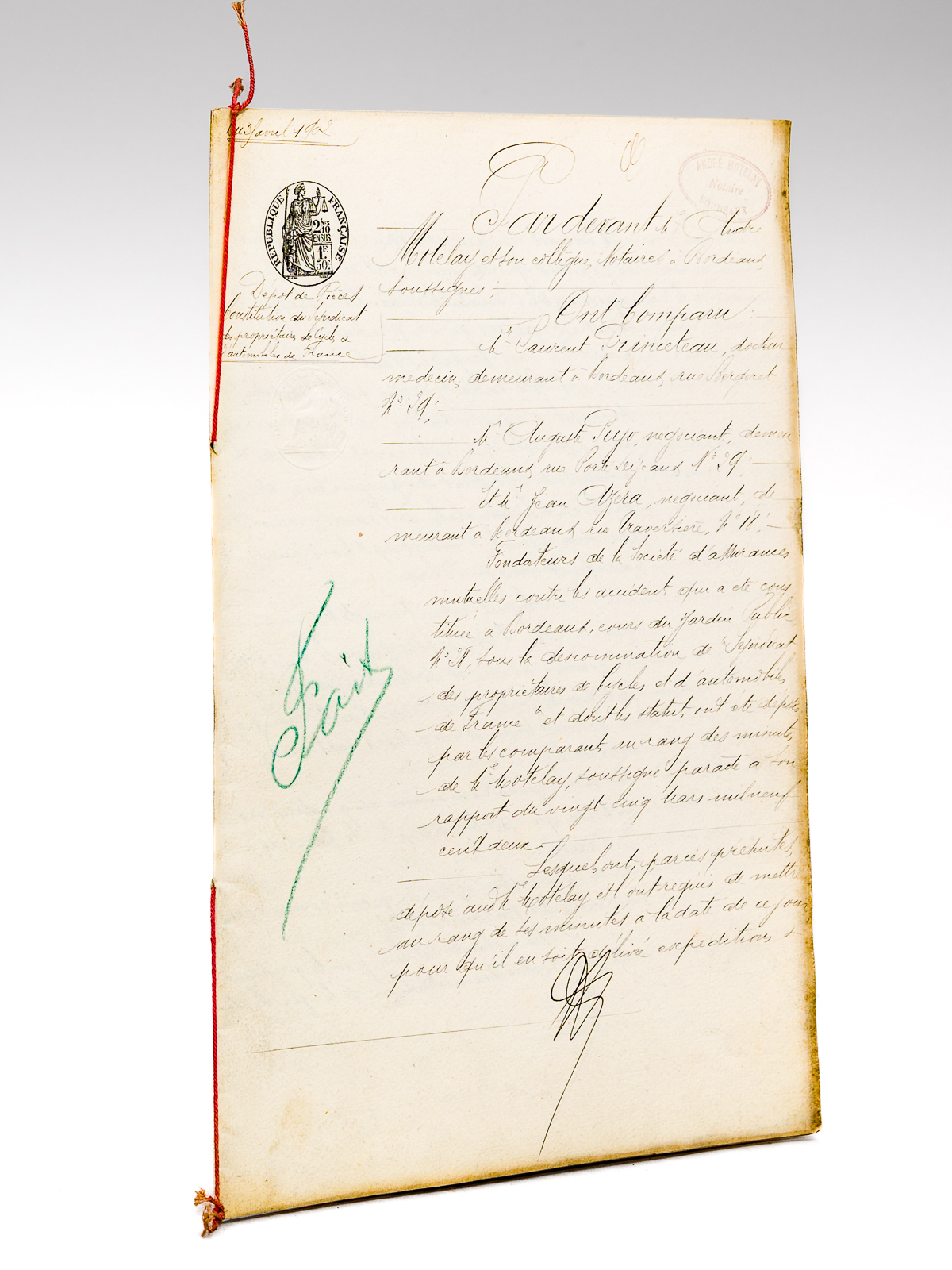 photo n°7 : [ Fondation d'une assurances contre les accidents de la route à Bordeaux en 1902 : ] Acte notarié (expédition) de dépôt de pièces constitutives du 'Syndicat des propriétaires de cycles et d'automobiles de Fr