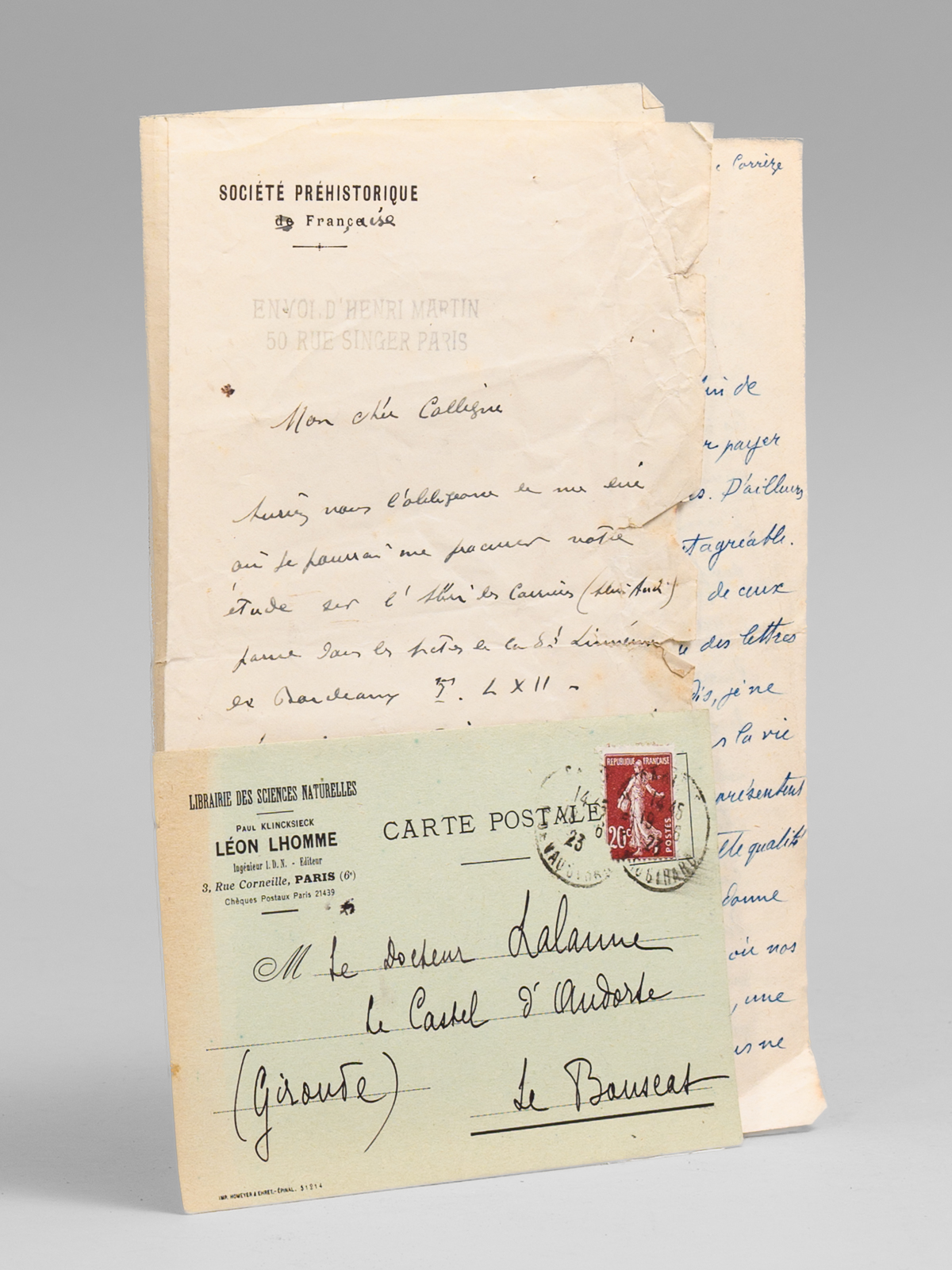 photo n&deg;7 : [ Lot de 3 lettres autographes sign&eacute;es dont deux adress&eacute;es au pr&eacute;historien Jean-Gaston Lalanne (1862-1924) ] 1 carte postale autographe &agrave; en-t&ecirc;te de la librairie Klincksieck adress&eacute;e au docteur Lalanne &agrave; sa