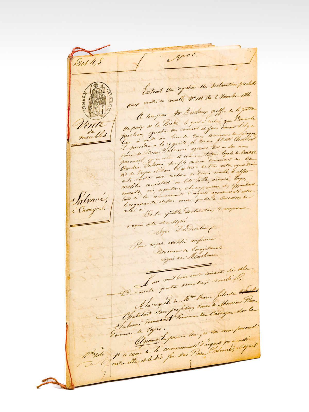 photo n°8 : Vente aux enchères après décès, le 2 novembre 1866, lieu de Veyres, commune de Cadaujac [ Veyrès ] Extrait du registre des Déclarations préalables aux ventes de meubles. Vente à la requête de M