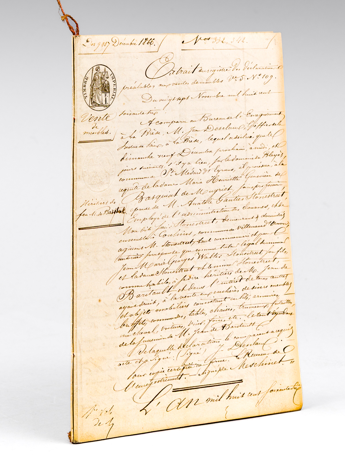 photo n°7 : Vente aux enchères après décès, le 9 décembre 1866, Domaine du Blayès, Saint-Médard-d'Eyrans. Extrait du registre des Déclarations préalables aux ventes de meubles. Vente à la requ&ecir