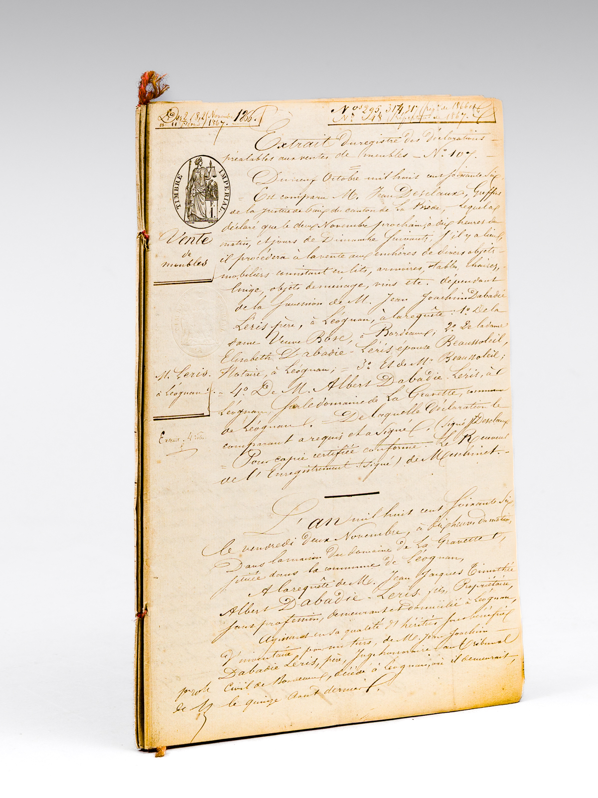 photo n°7 : Vente aux enchères après décès, le 30 octobre 1866, Domaine de la Gravette, Commune de Léognan. Extrait du registre des Déclarations préalables aux ventes de meubles. Vente à la requête de Jean